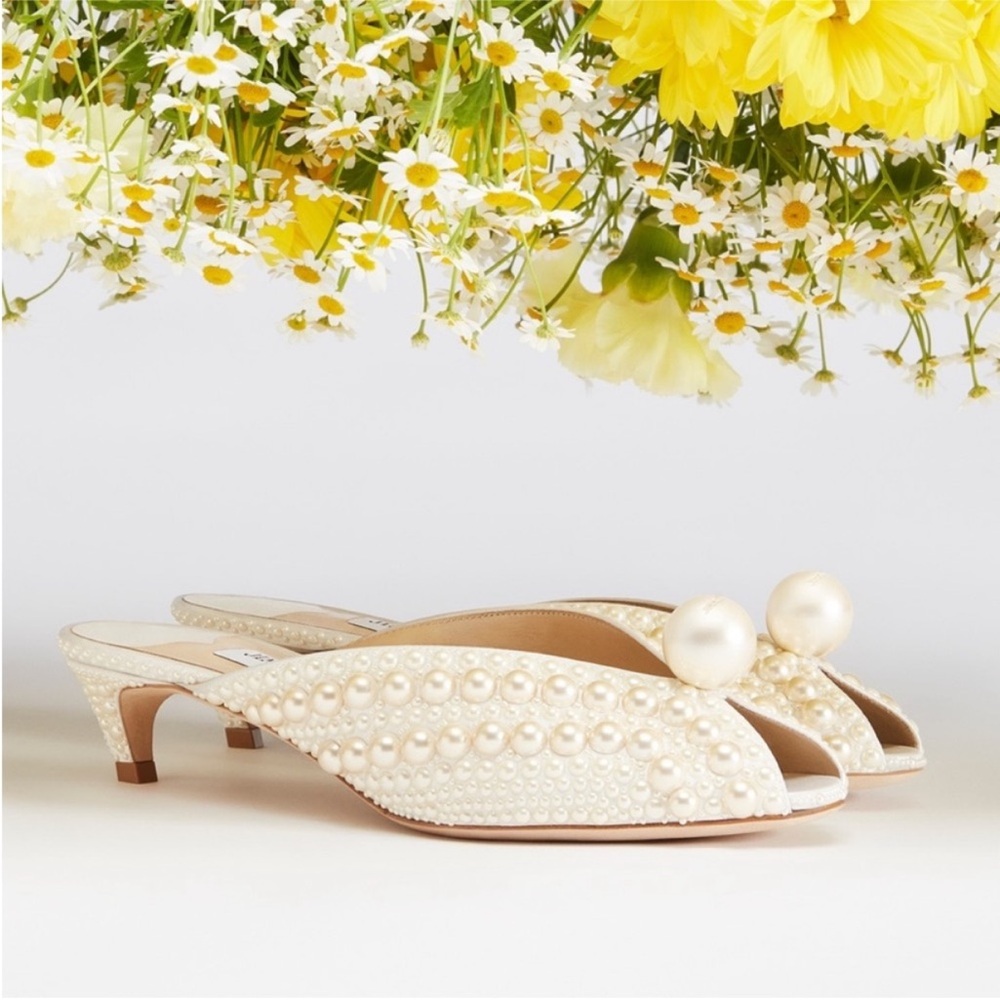 New JIMMY CHOO Samantha 35 White Satin Mules With All-Over Pearls 37 $1,895 - Picture 7 of 15